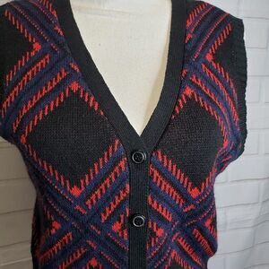 Vintage Style Black V Neck Knit Sweater Button Vest womens S Cropped Diamond